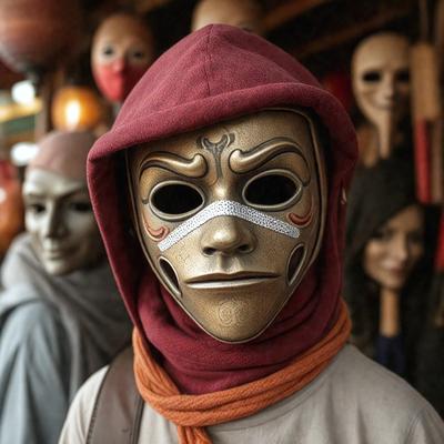 The primary subject of the image is a person wearing a mask, which is the main object of the scene. The setting is a room with other people present, and the visual style appears to be a combination of a photo and digital art. The dominant colors in the image are red and orange, creating a warm and vibrant atmosphere.